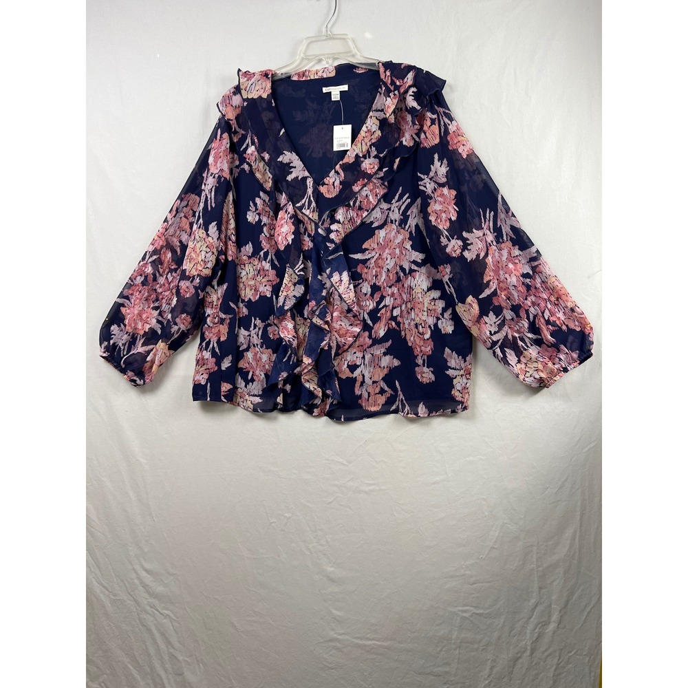 Cato Ruffle Blouse Womens 22/24W Navy Floral Chiffon Long Sleeve V-Neck Top New